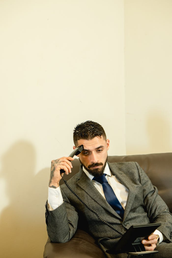 A bearded man in a gray suit sits holding a phone, conveying a serious demeanor indoors.